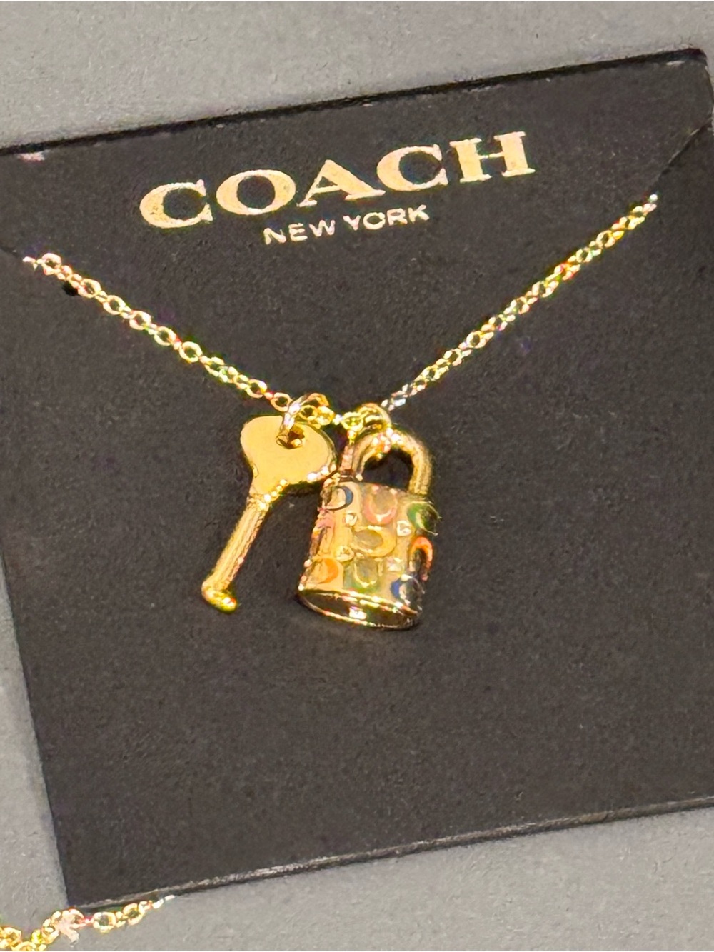 NWT Coach Gold Rainbow Signature C Lock & Key Charm Necklace 16-18"